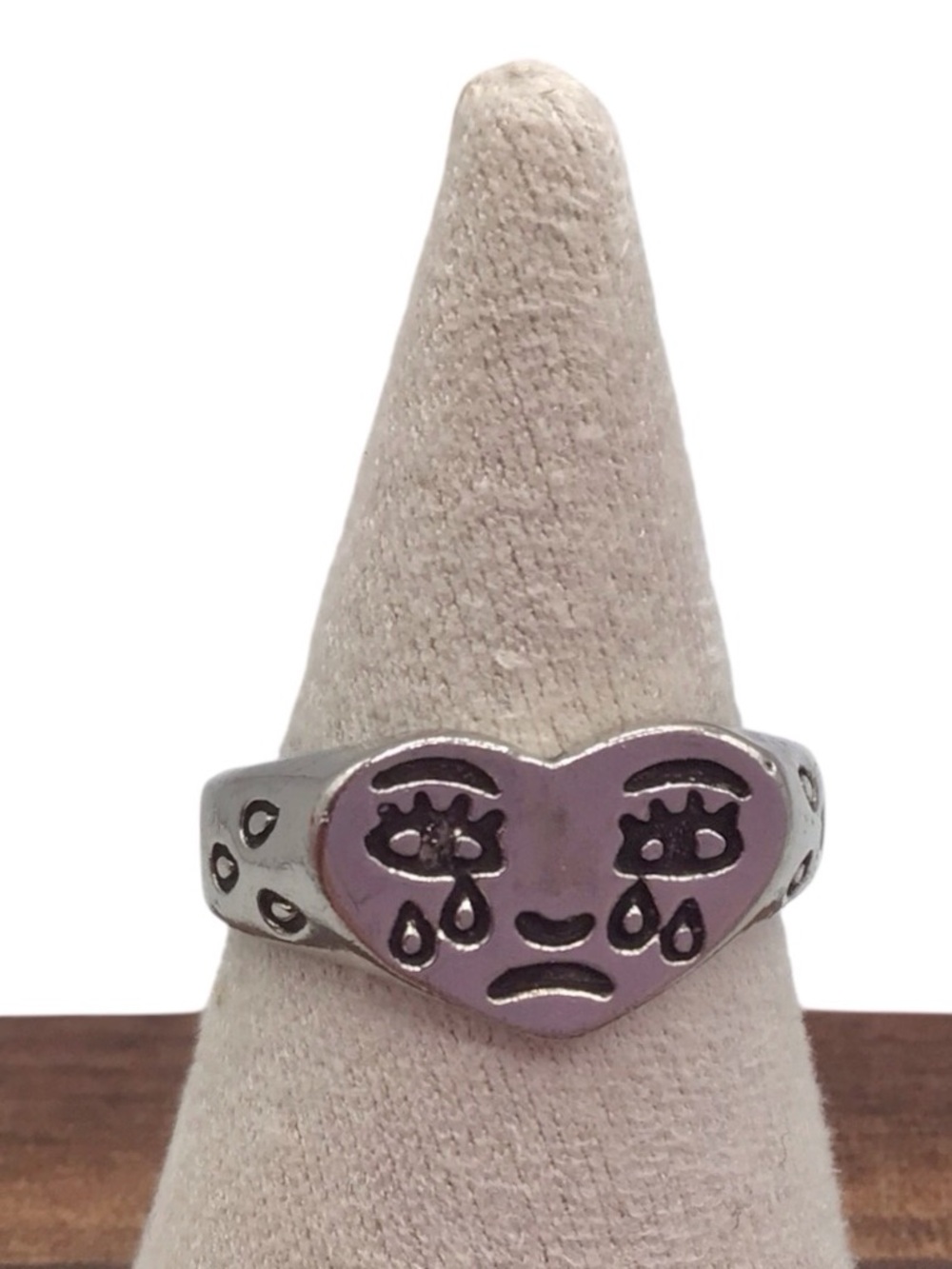 Size 6.25 Silver Tone Heart Crying Face Ring - Women's Jewelry, Adjustable